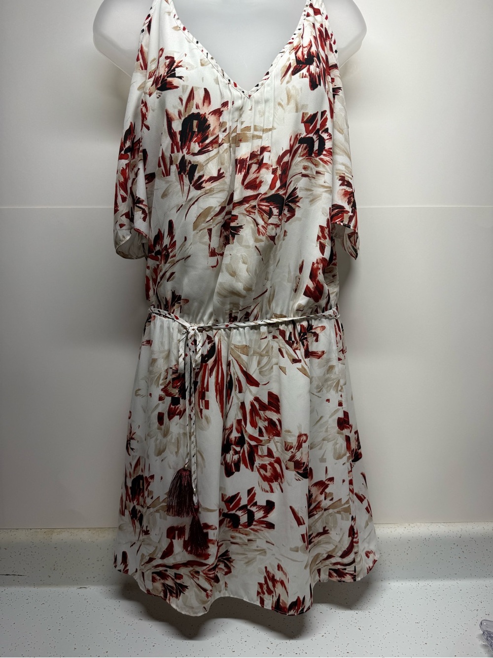 White House Black Market White Floral Slip Dress with Burgundy Print
